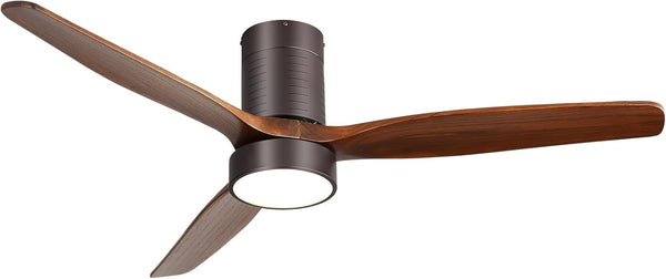 Sofucor 52 Inch Flush Mount Ceiling Fan with Light and Remote Control, 3 Blade Solid Wood Brown Ceiling Fan for Outdoor Indoor, Modern Fan for Bedroom Living Room Farmhouse Patio