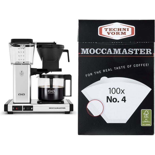 Technivorm Moccamaster 53941 KBGV Select 10-Cup Coffee Maker, Polished Silver, 40 ounce, 1.25l & #4 White Paper Filters, 100-count per box