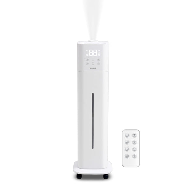 Pureal Tower Humidifier, 2.6Gal(10L) on Wheels, 3 Stage Warm&Cool Mist, Last 83 Hours, Large Room Bedroom with Mood Light, Humidity Setting, 12Hr Timer, 360°Nozzle