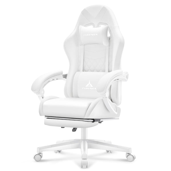 TUKAKA White Gaming Chair,Ergonomic Massage Computer Office Desk Chair with Footrest,Pocket Spring Cushion,Reclining Leather Adjustable Gamer Chair with Headrest and Lumbar Support,White