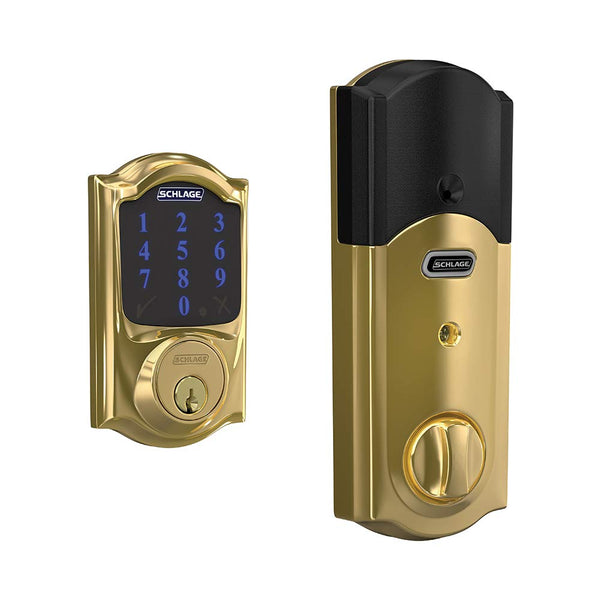 SCHLAGE BE469ZP CAM 605 Connect Smart Deadbolt With Alarm Inbuilt Camelot Trim In Bright Brass