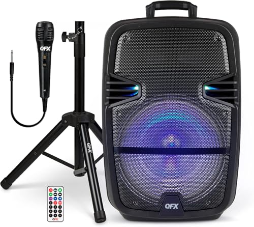 QFX PBX-616SM 15" Bluetooth Rechargeable Speaker with LED Lights, Mic and Stand, Black