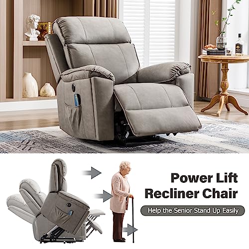 Phoenix Home Large Power Lift Recliner Chair with Massage and Heat for Elderly, Ergonomic Electric Wider Sofa Chair for Living Room with 2 Cup Holders, Side Pocket and USB Port, Gary