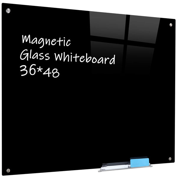 Magnetic Black Glass Board with Eraser Frameless Tempered Glass Dry Erase Blackboard with Marker Tray for Interactive Office, Wall Mounted Frosted Black Glass Board, 48" x 36"