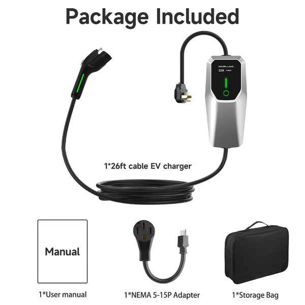 Level 1 2 Electric Vehicle Charger 26ft EV Portable Charging Cable with NEMA 14-50/5-15 Plug 7.68Kw 32A Current Adjustable EV & Plug-in Hybrid Car Charger for SAE_J1772