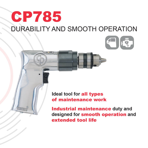 Chicago Pneumatic CP785 - Air Power Drill, 3/8 Inch (10 mm), Keyed Chuck, Aluminum Housing, Pistol Handle, 0.5 HP / 370 W, Stall Torque 3.1 ft. lbf / 4.2 NM, 2400 RPM, Power Tools & Home Improvement