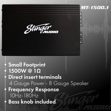 STINGER Audio MT15001 1-Channel Monoblock 1500 Watt RMS Car Audio Subwoofer Amplifier w/Remote Control Bass Knob, Class D, Hexfet Mosfet, Subsonic Filter, Low-Pass Filter, Bass Boost Q