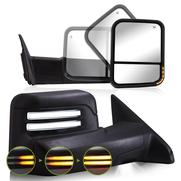 SIZIOM Switchback Towing Mirrors for Dodge Ram 1500 (2009-2018), 2500/3500 (2010-2018), Ram Classic (2019-2024) Side Mirrors with Power Heated Dynamic Turn Signal Running Lights Puddle Lamp Pair Set