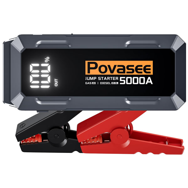 Povasee Car Battery Jump Starter 5000A Jump Box (All Gas/10L Diesel) Portable Car Jump Starter Battery Pack, 12V Car Battery Jumper Starter Portable 3" LCD Display/Power Bank/Dual Output/LED Light DC