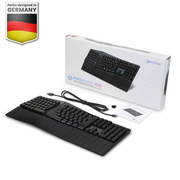 Perixx PERIBOARD-835BR Wireless Ergonomic Mechanical Keyboard - RGB Backlit - Low-Profile Brown Tactile Switches - Multi-Device Connection - Compatible with Windows and Mac OS X - US English