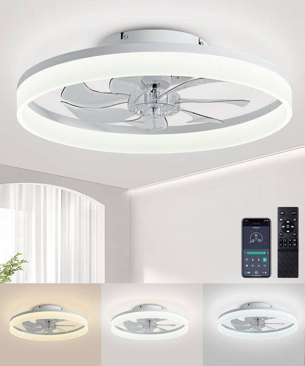 AQUBT Ceiling Fans with Lights and Remote, 20" Modern Low Profile Ceiling Fan with Light, Stepless Color Temperature Change and 6 Speeds, Flush Mount Ceiling Fans for Bedroom, Kids Room.（White）