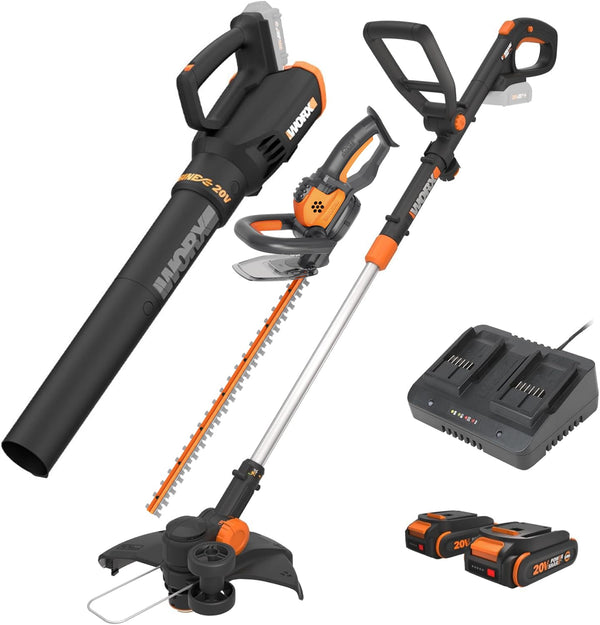 Worx 20V String Trimmer + Turbine Blower + Hedge Trimmer (Batteries & Charger Included)