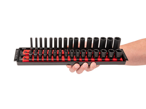 TEKTON 1/4 Inch Drive 6-Point Impact Socket Set with Rails and Trays, 58-Piece (5/32-11/16 in., 4-17 mm) | SID90202 (Pack of 1)