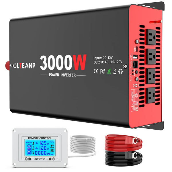 OLTEANP 3000 Watt Power Inverter 12V DC to 110V AC Car Inverter with 4 AC Outlets, 30W Type-C Port, 3.1A USB Port, Remote Controller on LCD Screen, Power Converter for Truck, Home, Vehicles,Trip