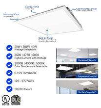 2x2 FT LED Light Flat Panel, 20-40W, 5 Color Temperature Selectable 3K/3.5K/4K/5K/6.5K, Dimmable Recessed Drop Ceiling Lights, 5000 Lumens, Lay in Fixture for Office, 120-277V, UL DLC(6 Pack)