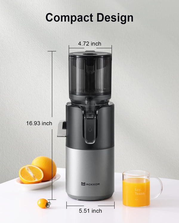 MOKKOM Cold Press Juicer, Updated Extra Large Feed Chute Slow Masticating Juicer, High Juice Yield, Double-stage Press Extractor Machine Fit Whole Fruits Vegetables, Grey