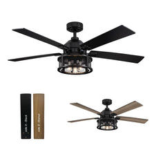 Ceiling Fans with Lights and Remote, 52 Inch Farmhouse Rustic Ceiling Fan for Bedroom Living Room, Black Outdoor Ceiling Fans with Caged Lights Chandelier, Reversible 5 Blades, Ventilador de Techo