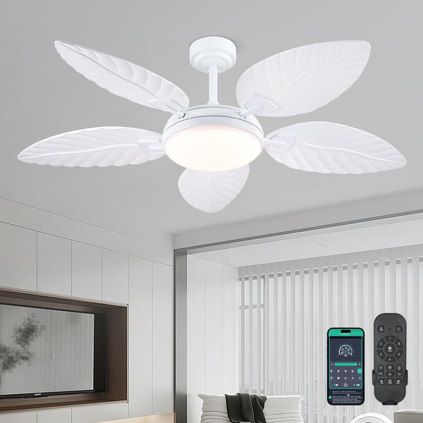 PHORUS 52" Palm Leaf Ceiling Fan with Lights, White Tropical Outdoor Ceiling Fan with Remote/APP for Bedroom Patio,Dimmable 3 Colors 6 Speeds