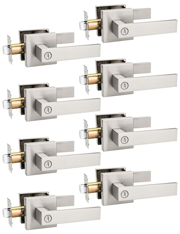 Tinewa 8 Pack Privacy Square Brushed Nickel Door Handles Interior, Keyless Door Knobs for Bedroom/Bathroom, Reversible for Left Right Handed Doors