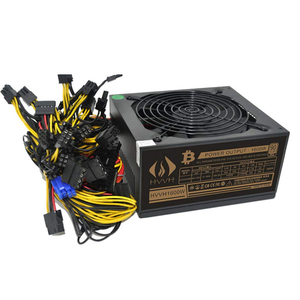 HVVH 20+4 Pin Silent Noise Reduction Miner/PC GPU ATX 1600W Power Supply 87 Plus Gold Designed for US Voltage 110V 1600w Mining ETH PSU Max Support 8 Graphics with 1.5m US Plug Adapter Cable