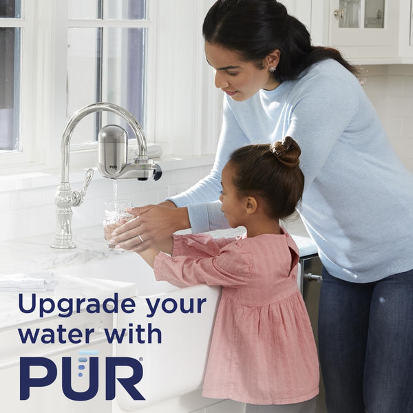 PUR PLUS Vertical Faucet Mount Water Filtration System with 3-in-1 Lead Reducing Filter for Great-Tasting Filtered Tap Water, Lasts 100 Gallons, Stainless Steel