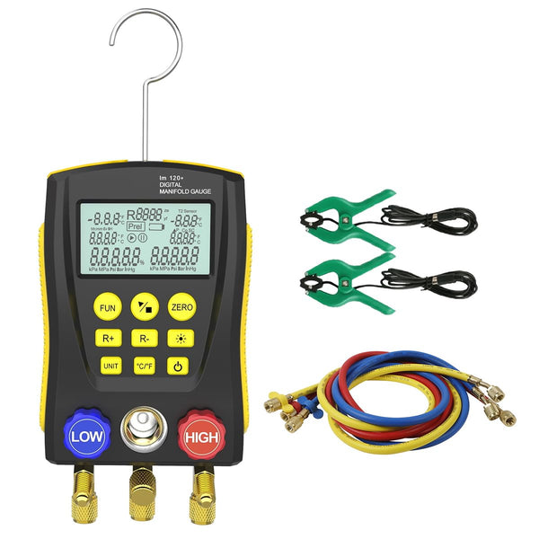 PLAYOCCAR Refrigeration Digital Manifold HVAC Gauge Kit, Vacuum Pressure Temperature Leakage Tester Set for Testing Maintaining Air-Conditioner, Refrigerator - with Test Clip & Pipe