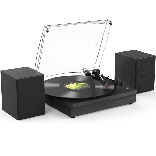 Vinyl Record Player with Two Stereo Speakers, Bluetooth Playback Turntable with 3 Speed AUX Headphone Input and RCA Out, Retro Black