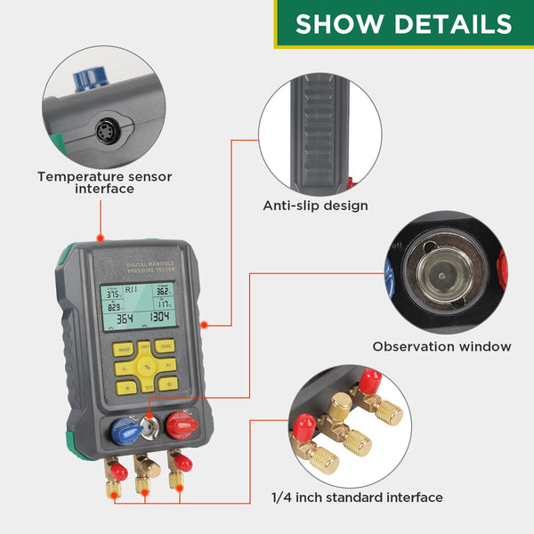 HVAC Gauges Digital Manifold Gauges Set, 93 Refrigerants, Pressure and Temp Test, HVAC Tools with 2 Temperature Clamps and 3 Hoses, A/C Refrigeration Kit for R134A 1234YF R22 R12 R404A R410A, etc