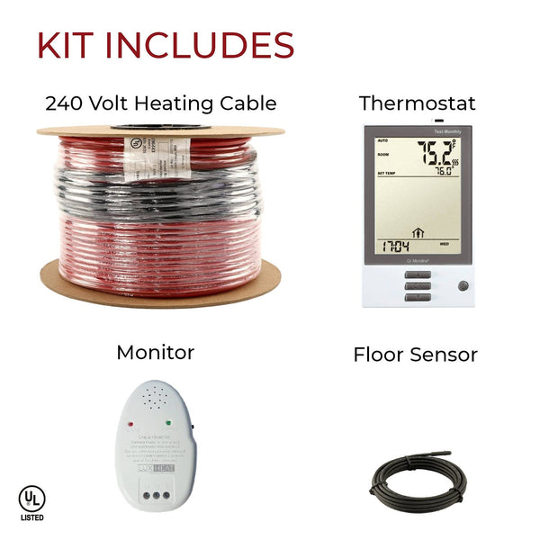 LuxHeat 50sqft Floor Heating Cable Kit - 240v In Floor Heating System for Tile, Vinyl, Laminate - Heated Flooring System Includes UDG Programmable Thermostat w/GFCI, Cable, Alarm & Sensor