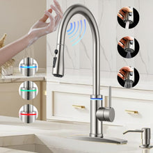 VIDEC Touch On Kitchen Faucet, 3 Modes Pull Down Sprayer, Smart Touch On Sensor Activated, LED Temperature Control, 360-Degree Rotation, 1 or 3 Hole Deck Plate. (KW-70SN, Touch on, Brushed Nickel)