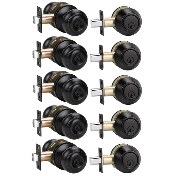 home improvement direct 5 Pack Matte Black Entry Knob with Matching Single Cylinder Deadbolt Combo Packs Security for for Front and Exterior Doors, Keyed Alike