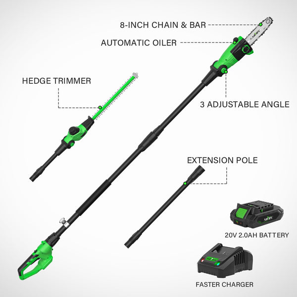 SOYUS Pole Saw 8-Inch Cordless and 18-Inch Pole Hedge Trimmer 2-in-1, 15-Foot Max Reach Pole Saw for Tree Trimming, 16ft/s Speed, Auto Oiling, Multi-Angle Pole Chainsaw with 2.0Ah Battery & Charger