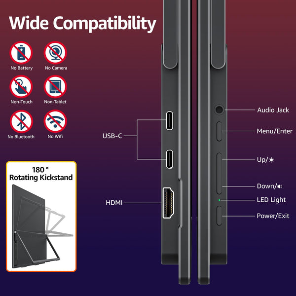 VisionOwl Large Portable Monitor-18.5 Inch Computer Gaming Display 100Hz 125% sRGB FHD 1080P USB-C HDMI IPS Screen for Laptop Mac Surface PC PS4/PS5 Xbox Built-in Kickstand, Speakers, VESA Mountable
