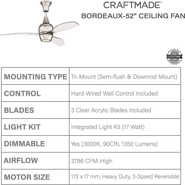 Craftmade BRD52PLN3 Bordeaux Downrod/Semi-Flush Mount Heavy-Duty 52" Ceiling Fan with LED Light & Wall Control, 3 Clear Acrylic Blades, Polished Nickel