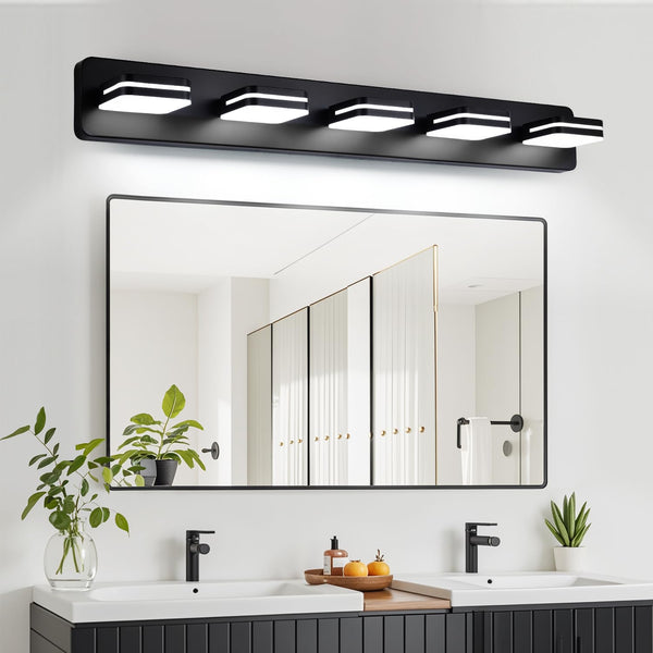 Torondo Modern Black LED Bathroom Vanity Light, 5-Light Bathroom Lighting Fixtures Over Mirror, LED Vanity Lights, Matte Black Bathroom Light Fixtures with Milky White Acrylic Shades