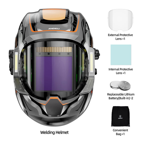 ANDELI Welding Helmet - Panoramic 180° View 3.94"X3.74", LED Lighting True Color Auto Darkening Welding Helmet with Light, 4 Arc Sensor, 4/5-8/9-13 Type-C Charging