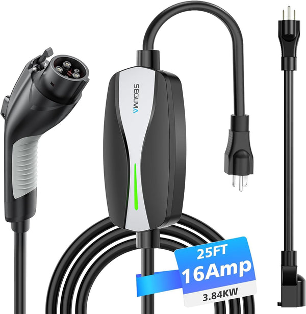 SEGUMA Level 1/2 EV Charger, 16Amp Electric Car Charger Portable EV Charger 25FT Cable with NEMA 6-20 Plug and NEMA 5-15 Adapter, Home Mobile EV Charging Station for J1772 BEVs/PHEVs 110V-240V(Black)