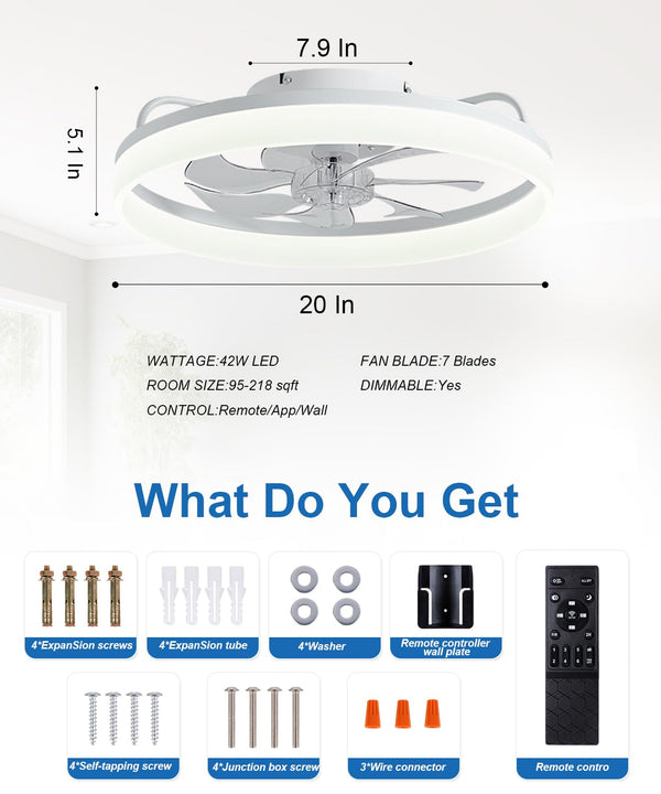 AQUBT Ceiling Fans with Lights and Remote, 20" Modern Low Profile Ceiling Fan with Light, Stepless Color Temperature Change and 6 Speeds, Flush Mount Ceiling Fans for Bedroom, Kids Room.（White）