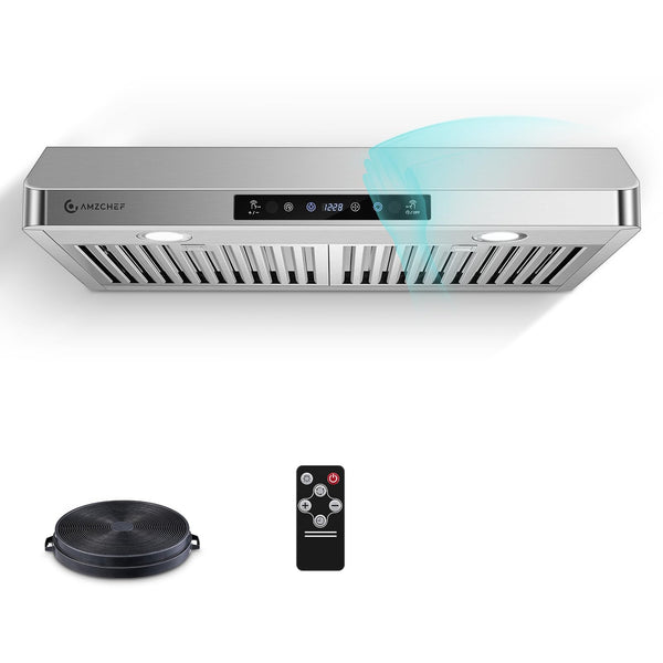 AMZCHEF Under Cabinet Range Hood 30 Inch, 750CFM Stainless Steel Kitchen Stove Vent Hood 3 Speed Exhaust Fan Button Control LED lights Dishwasher-Safe Baffle Filters Three Outlet Design