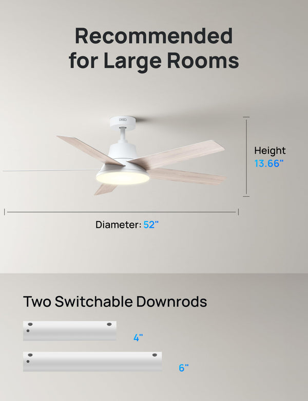 Dreo Smart Ceiling Fan with Lights, 52 Inch, 12 Speeds & 3 Fan Modes, Stepless Color Tones, Dimmable LED Light, 12H Timer, Quiet DC Motor, Remote/APP/Alexa Control, White Ceiling Fans Indoor