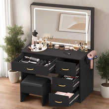 DWVO Makeup Vanity with Mirror, LED Lights Vanity Desk with Power Outlet, Vanity Set with 4 Drawers, Brightness Adjustable, Ample Storage Dressing Table with Cushioned Chair for Bedroom, Coal Black