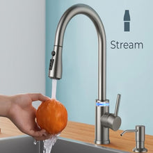 VIDEC Touch On Kitchen Faucet, 3 Modes Pull Down Sprayer, Smart Touch On Sensor Activated, LED Temperature Control, 360-Degree Rotation, 1 or 3 Hole Deck Plate. (KW-70SN, Touch on, Brushed Nickel)