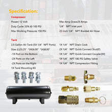 Medium Duty Onboard Air System/Kit 150 PSI Compressor 12V With 2.5 Gallon (9.5 Liter) Train/Air Horn Tank