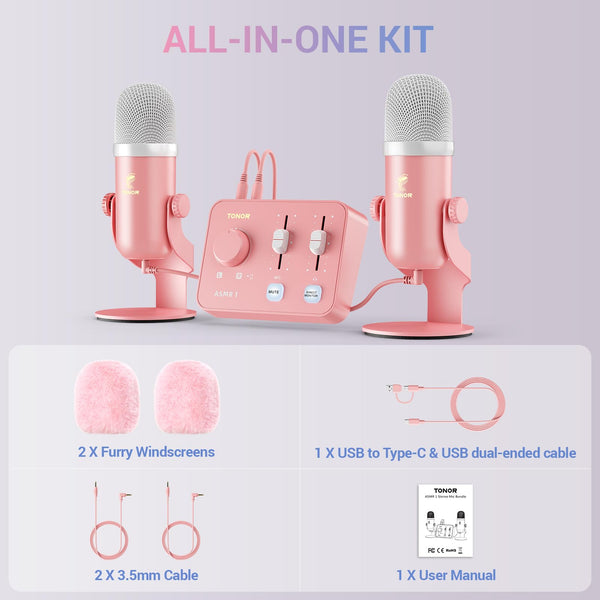 TONOR ASMR Microphone Equipment Bundle with Audio Interface, Immersive 3D Stereo Audio, Dual Condenser Mics with Audio Mixer, Clear Sound, Volume Control, with Furry Windscreens, Set for ASMR, Pink