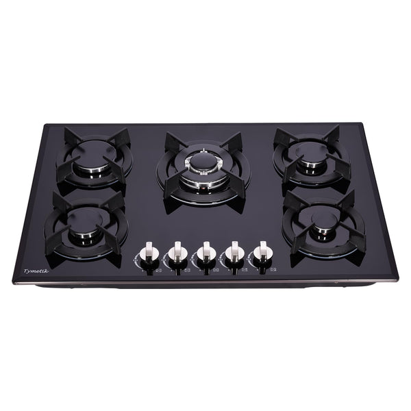 Tymetik Gas Cooktop 30 Inch, Built-in Tempered Glass Gas Stovetop 5 High Efficiency Burners Gas Stove Top Propane/Natural Gas Convertible Gas Hob (Black)