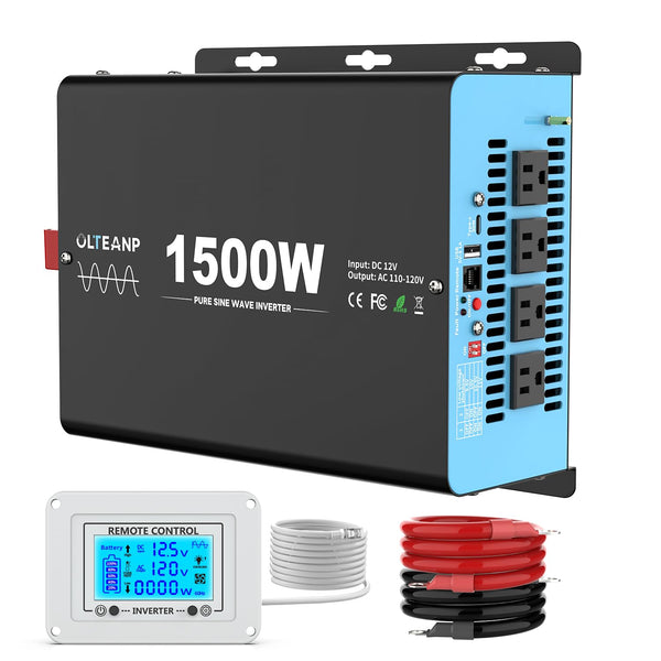 OLTEANP New Upgraded 1500 Watts Pure Sine Wave Inverter, 12V DC to 110V AC Power Inverter with 4 AC Outlets, USB Port, Type-C Port for Truck, Vehicle, Power Outage, Remote Control with LCD Screen