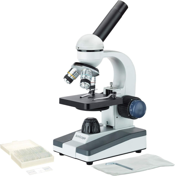 AmScope M150 Series Portable Student Monocular Compound Microscope - 40X-1000X Magnification - Features LED Light & 25 Prepared Slides - Has Coarse & Fine Focus