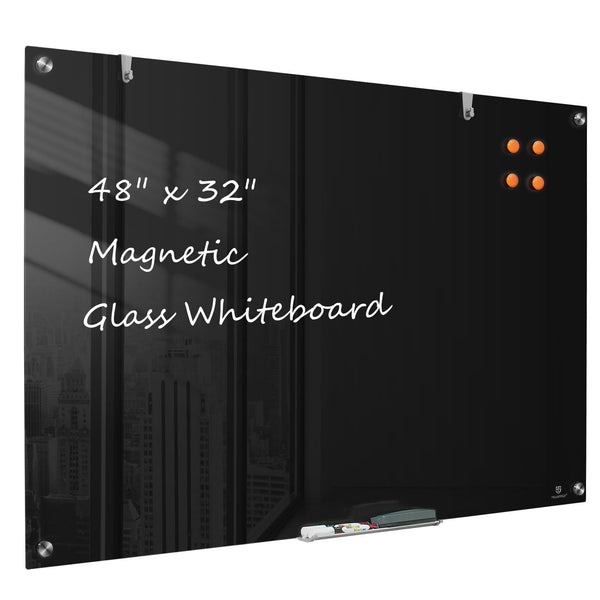 TSJ OFFICE Glass Dry-Erase Board - 48 x 32 Inches Wall Mounted Black Glass Magnetic Whiteboard, Large Frameless Glass White Board for Office, Home & School