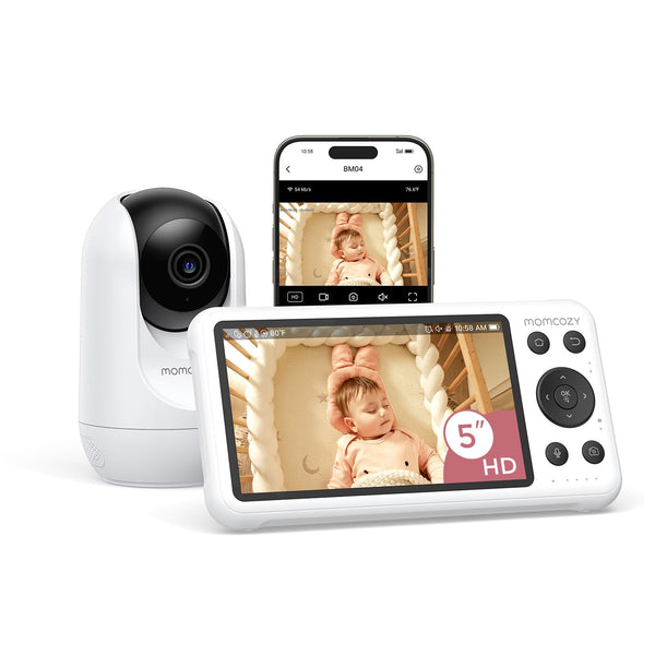 Momcozy Smart WiFi Baby Monitor with Camera and Audio, 5" 1080P Screen with Wall Mount, Motion & Cry Detection, Safe Fence, Clear Night Vision, 5000mAh Battery, 2-Way Talk, Photo & Video Recording