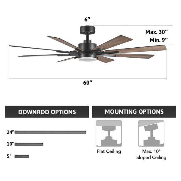 VONLUCE Ceiling Fans with Lights, 60 Inch Ceiling Fan and Remote, 3CCT, 6 Speeds Reversible Quiet DC Motor, Ceiling Fan for Living Room Farmhouse Bedroom Kitchen Patio Indoor, Black